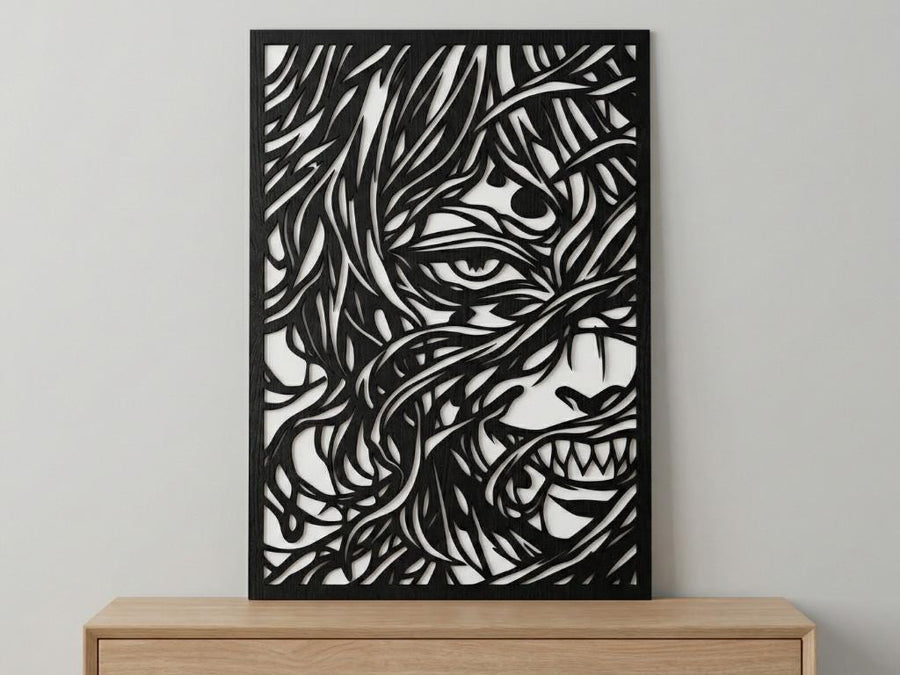 Arte Decorativo de Pared Anime para Corte Láser – Gyutaro | Flow-Line Art con Marco Negro | Archivos SVG AI DXF DWG PNG JPG