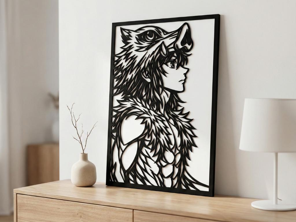 Laser Cut Anime Wall Art Decor – Inosuke Hashibira | Flow-Line Art Black Frame | SVG AI DXF dwg Files