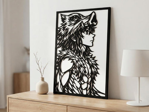 Laser Cut Anime Wall Art Decor – Inosuke Hashibira | Flow-Line Art Black Frame | SVG AI DXF dwg Files