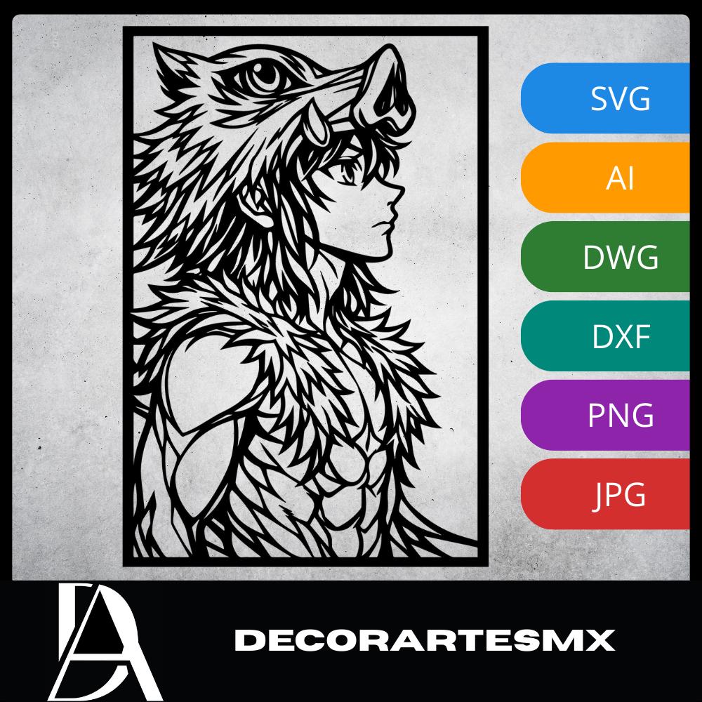 Laser Cut Anime Wall Art Decor – Inosuke Hashibira | Flow-Line Art Black Frame | SVG AI DXF dwg Files