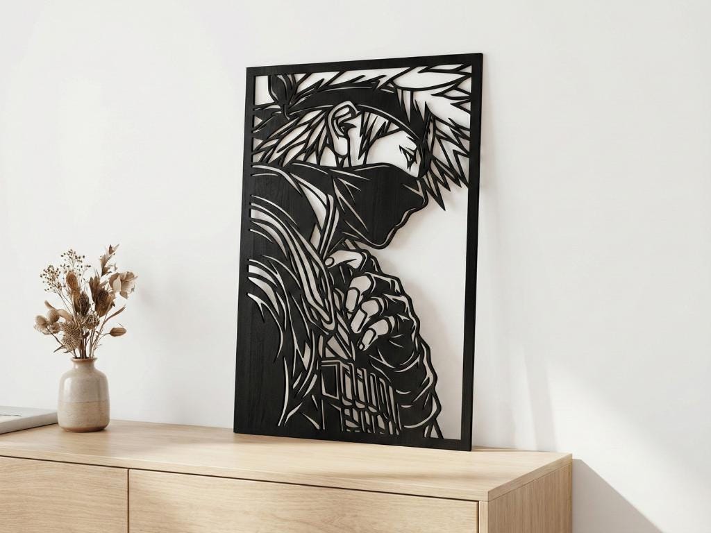 Laser Cut Anime Wall Art Decor – Kakashi Hatake | Flow-Line Art Black Frame | SVG AI DXF dwg Files