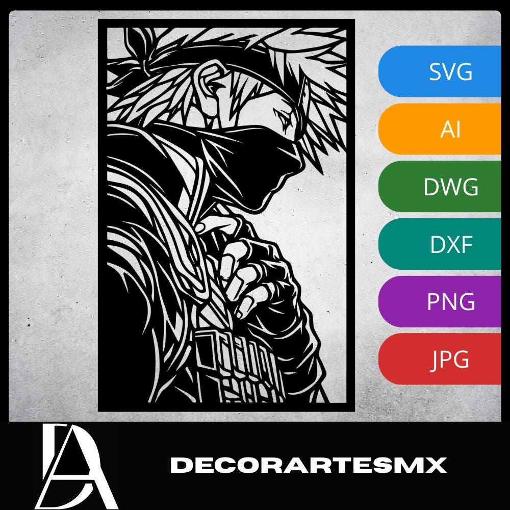 Laser Cut Anime Wall Art Decor – Kakashi Hatake | Flow-Line Art Black Frame | SVG AI DXF dwg Files