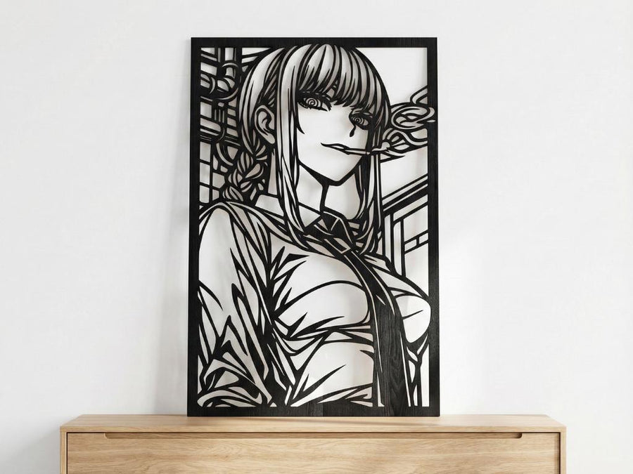 Arte Decorativo de Pared Anime para Corte Láser – Makima | Flow-Line Art con Marco Negro | Archivos SVG AI DXF DWG PNG JPG