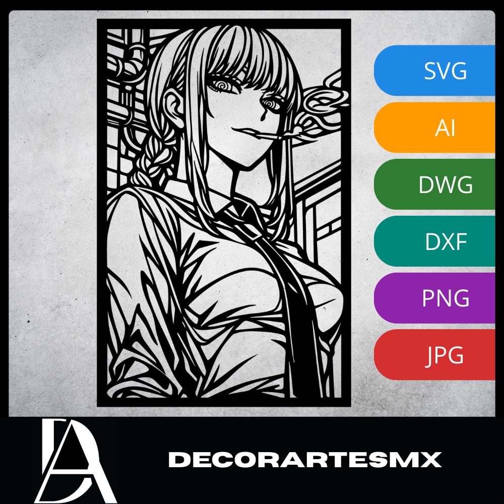 Laser Cut Anime Wall Art Decor – Makima | Flow-Line Art Black Frame | SVG AI DXF dwg Files