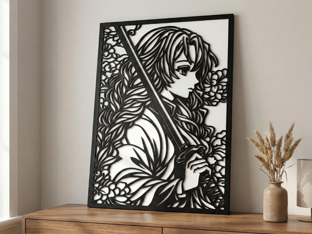 Laser Cut Anime Wall Art Decor – Mitsuri Kanroji | Flow-Line Art Black Frame | SVG AI DXF dwg Files