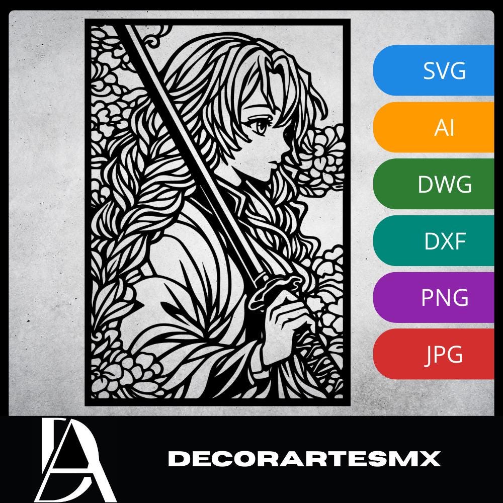Laser Cut Anime Wall Art Decor – Mitsuri Kanroji | Flow-Line Art Black Frame | SVG AI DXF dwg Files