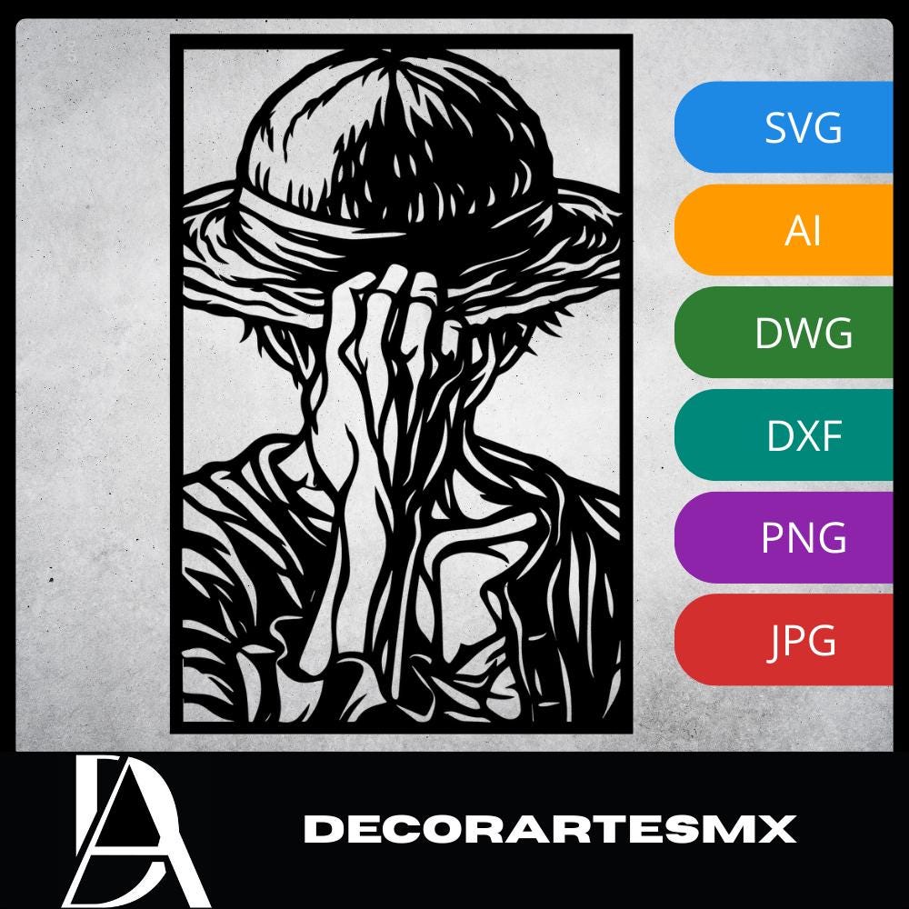 Laser Cut Anime Wall Art Decor – Monkey D Luffy | Flow-Line Art Black Frame | SVG AI DXF dwg Files