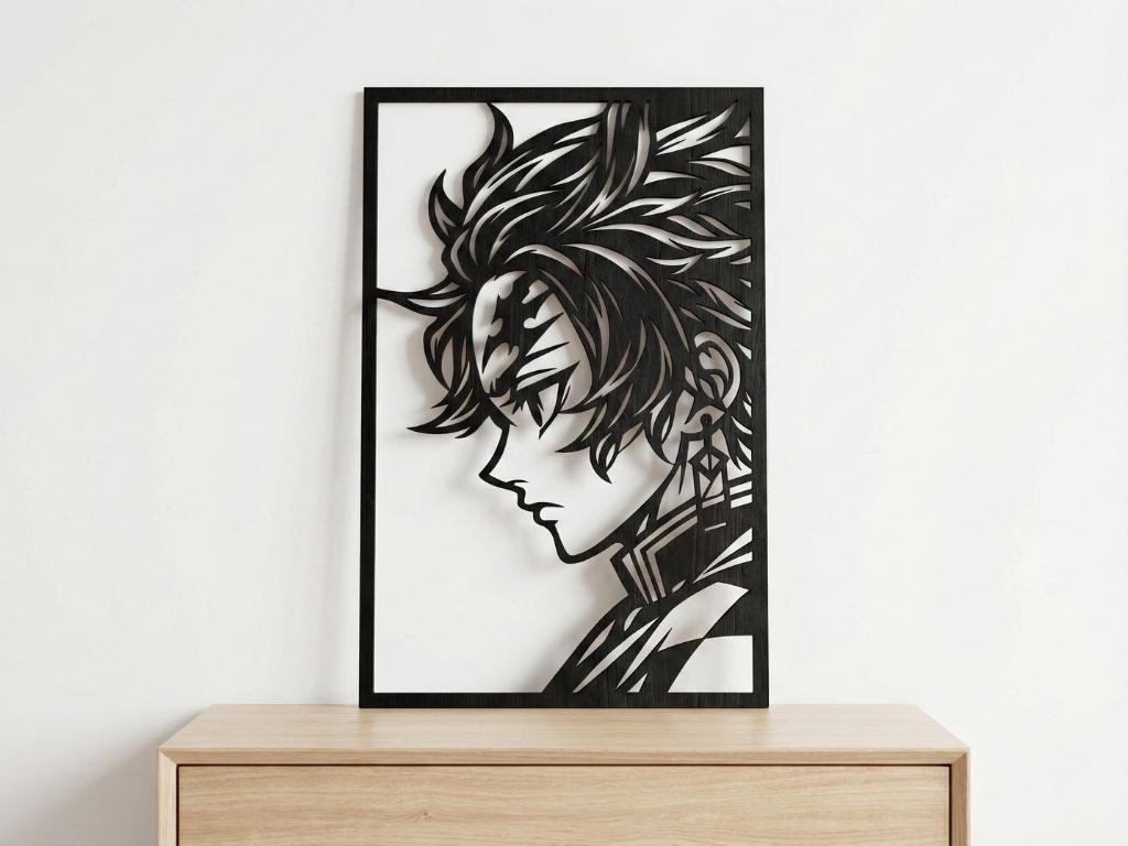 Laser Cut Anime Wall Art Decor – Tanjiro Kamado | Flow-Line Art Black Frame | SVG AI DXF dwg Files