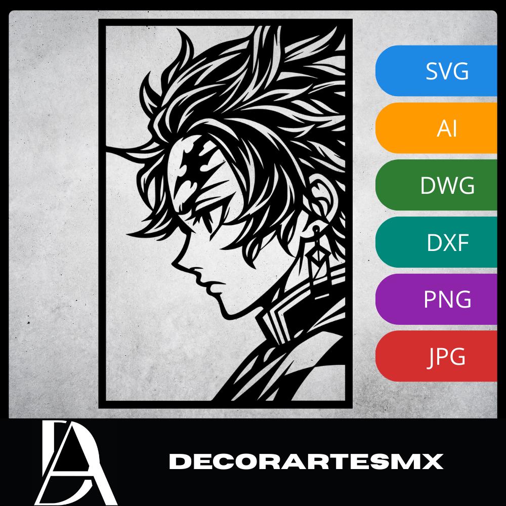 Laser Cut Anime Wall Art Decor – Tanjiro Kamado | Flow-Line Art Black Frame | SVG AI DXF dwg Files