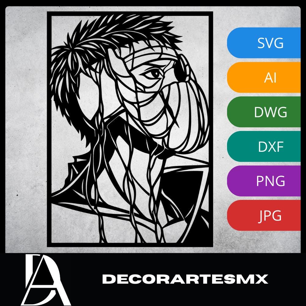 Laser Cut Anime Wall Art Decor – Tobi | Flow-Line Art Black Frame | SVG AI DXF dwg Files