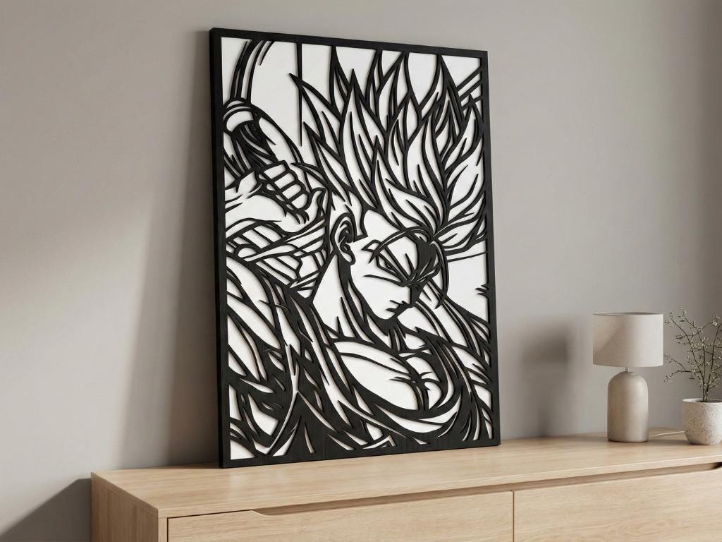 Laser Cut Anime Wall Art Decor – Trunks | Flow-Line Art Black Frame | SVG AI DXF dwg Files