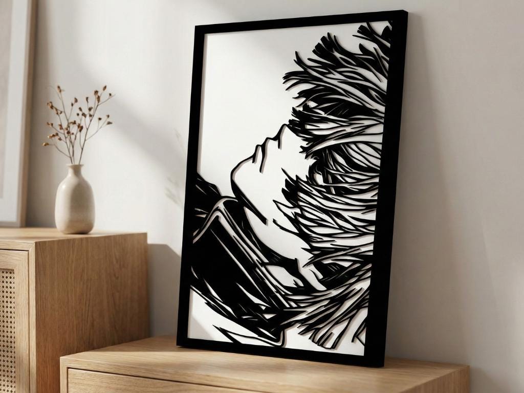 Laser Cut Anime Wall Art Decor – Zenitsu Agatsuma | Flow-Line Art Black Frame | SVG AI DXF dwg Files