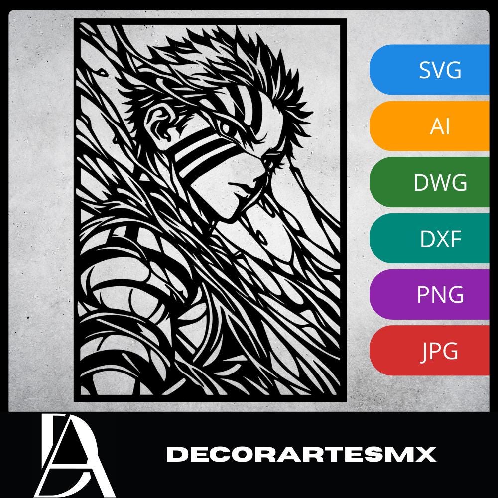Laser Cut Anime Wall Art Decor – Akaza | Flow-Line Art Black Frame | SVG AI DXF dwg Files