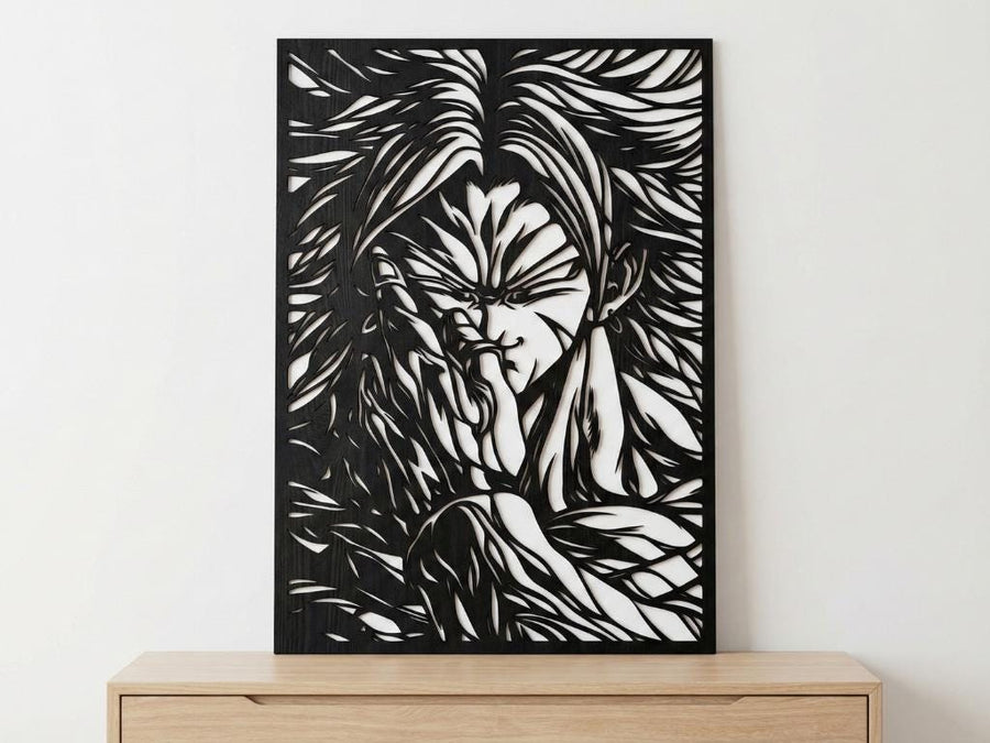 Arte Decorativo de Pared Anime para Corte Láser – Broly | Flow-Line Art con Marco Negro | Archivos SVG AI DXF DWG PNG JPG