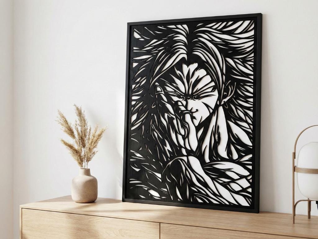 Laser Cut Anime Wall Art Decor – Broly | Flow-Line Art Black Frame | SVG AI DXF dwg Files