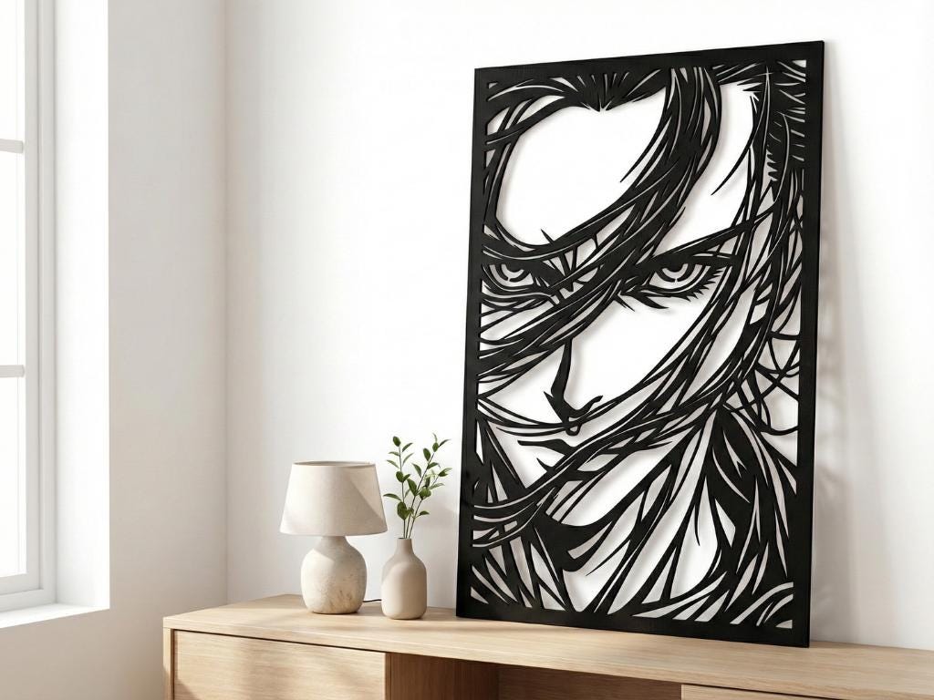 Laser Cut Anime Wall Art Decor – Eren Yeager | Flow-Line Art Black Frame | SVG AI DXF dwg Files