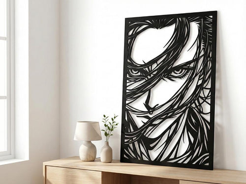 Laser Cut Anime Wall Art Decor – Eren Yeager | Flow-Line Art Black Frame | SVG AI DXF dwg Files