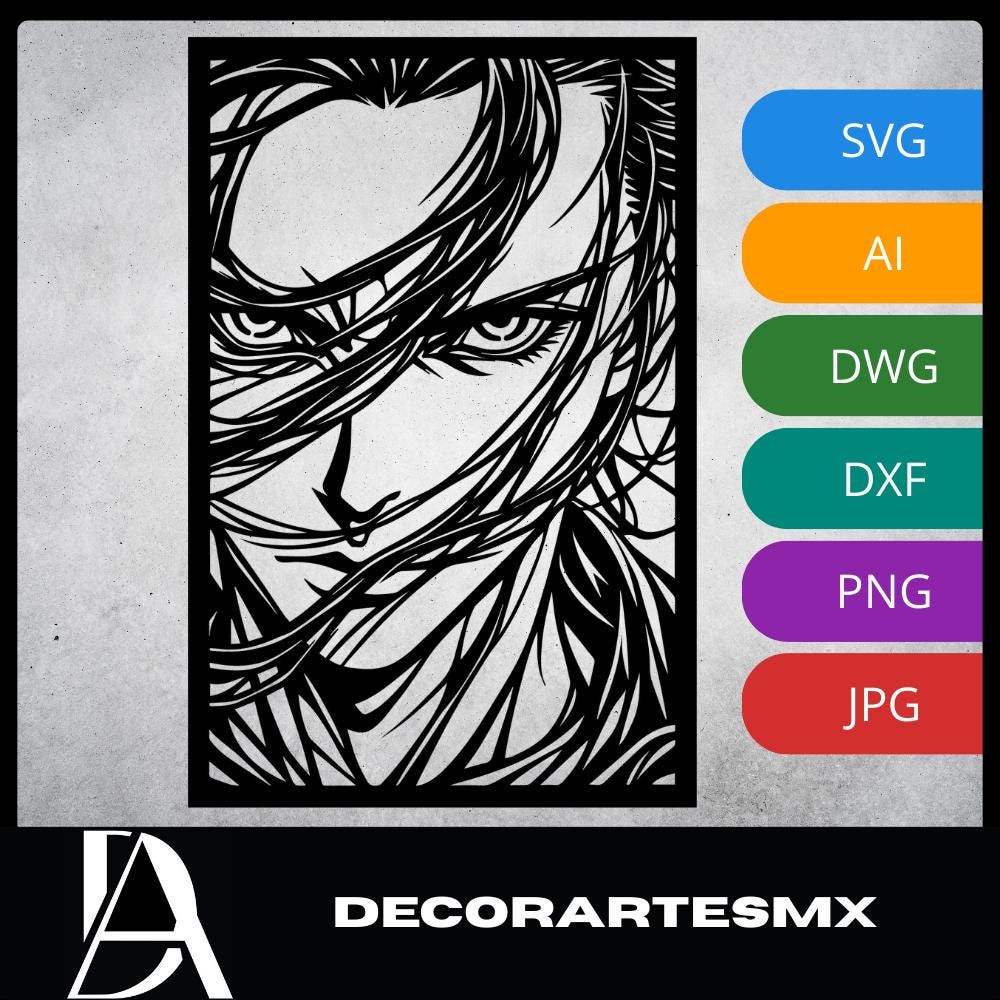Laser Cut Anime Wall Art Decor – Eren Yeager | Flow-Line Art Black Frame | SVG AI DXF dwg Files