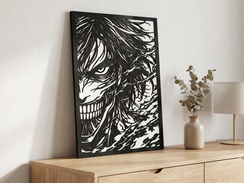 Laser Cut Anime Wall Art Decor – Eren Yeager Titan | Flow-Line Art Black Frame | SVG AI DXF dwg Files