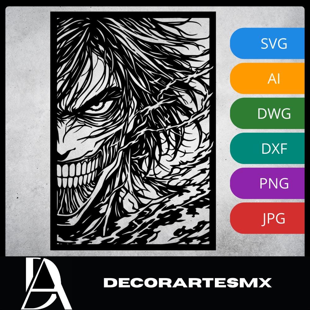 Laser Cut Anime Wall Art Decor – Eren Yeager Titan | Flow-Line Art Black Frame | SVG AI DXF dwg Files
