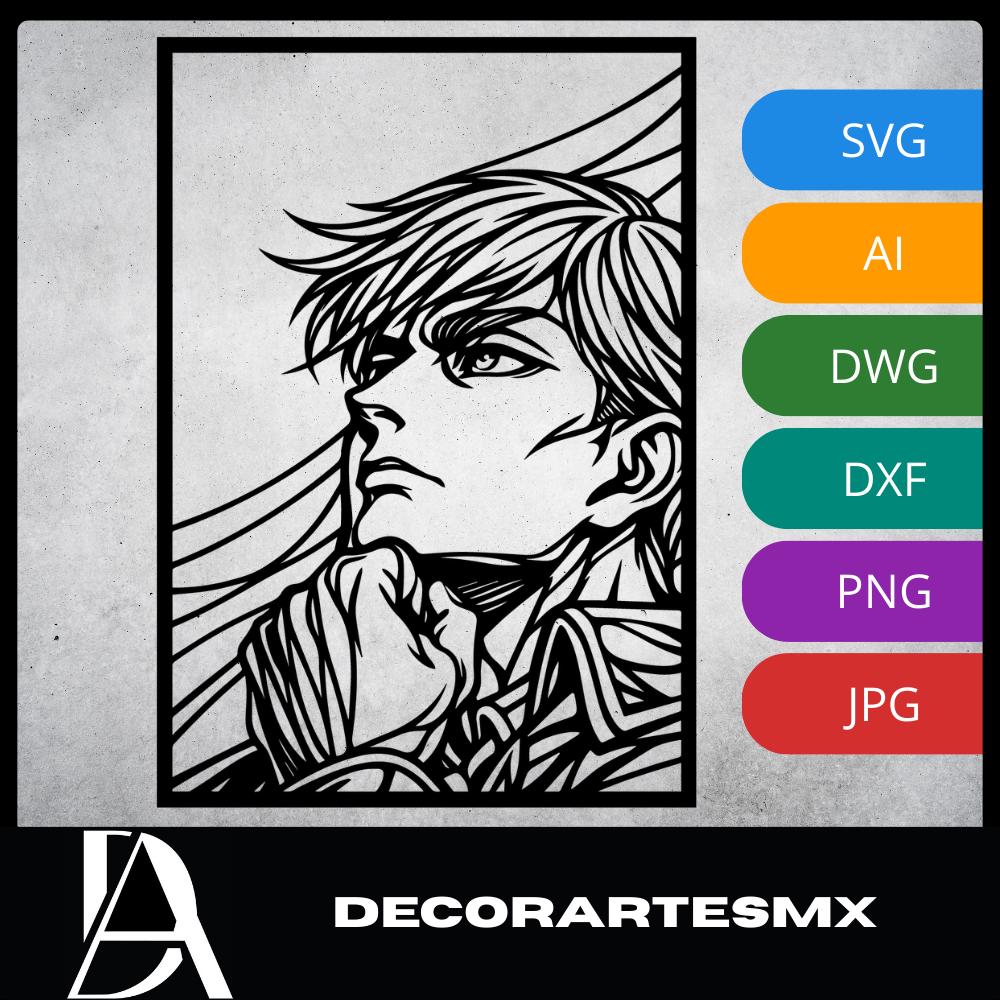 Laser Cut Anime Wall Art Decor – Erwin Smith | Flow-Line Art Black Frame | SVG AI DXF dwg Files