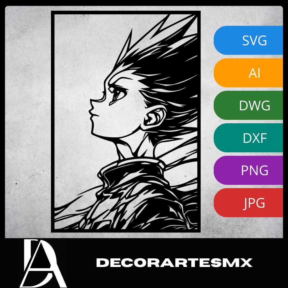 Laser Cut Anime Wall Art Decor – Gon Freecss | Flow-Line Art Black Frame | SVG AI DXF dwg Files