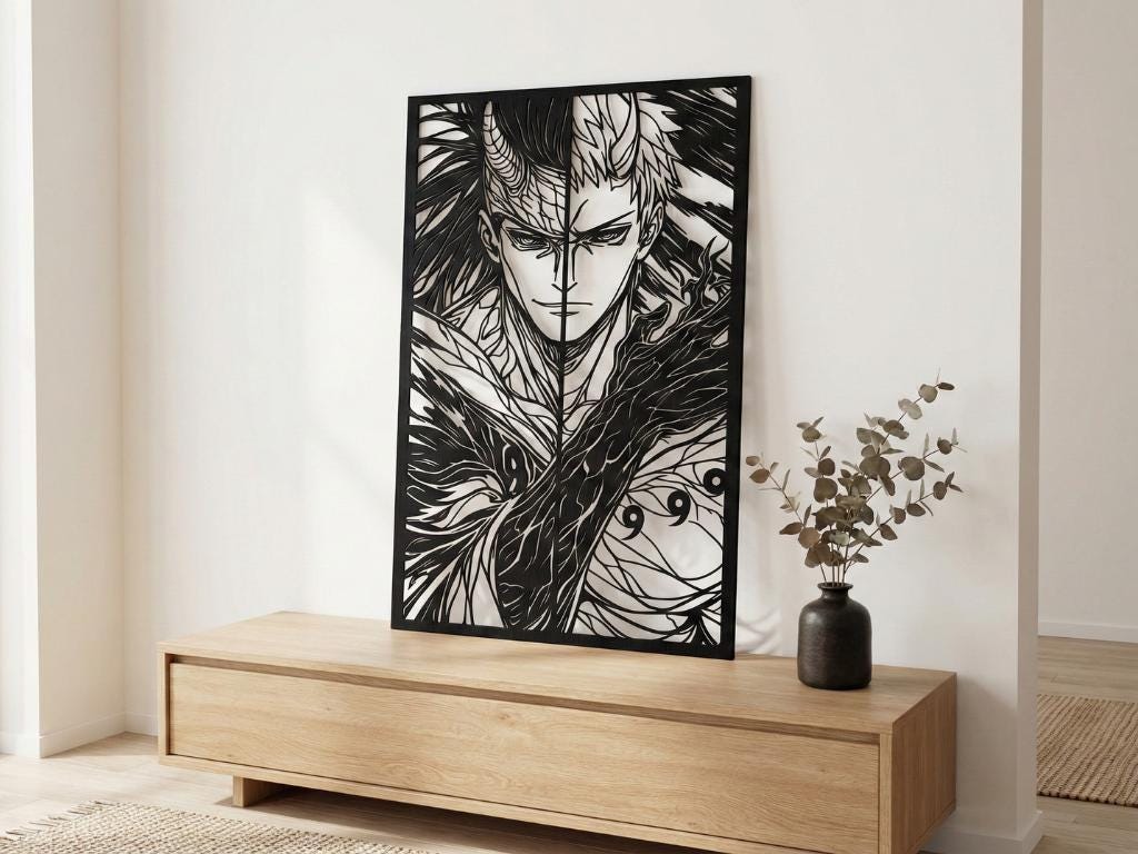 Laser Cut Anime Wall Art Decor – Madara and Obito | Flow-Line Art Black Frame | SVG AI DXF dwg Files