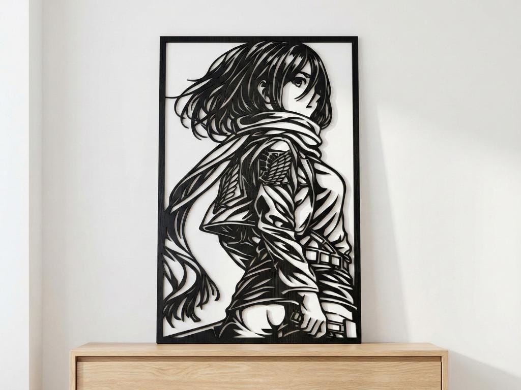 Laser Cut Anime Wall Art Decor – Mikasa Ackerman | Flow-Line Art Black Frame | SVG AI DXF dwg Files