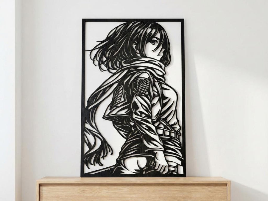 Arte Decorativo de Pared Anime para Corte Láser – Mikasa Ackerman | Flow-Line Art con Marco Negro | Archivos SVG AI DXF DWG PNG JPG