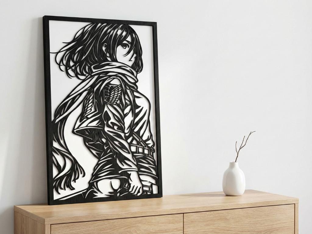 Laser Cut Anime Wall Art Decor – Mikasa Ackerman | Flow-Line Art Black Frame | SVG AI DXF dwg Files