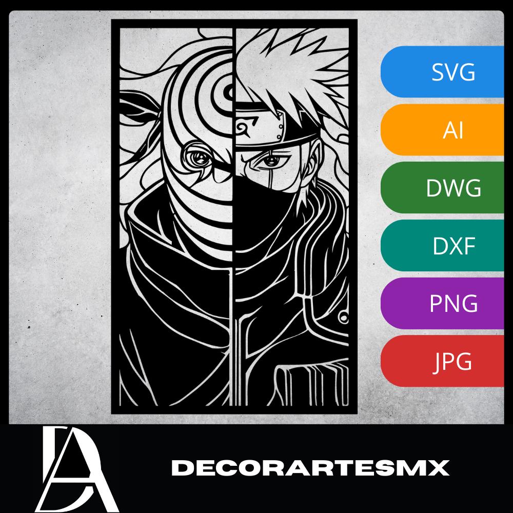 Laser Cut Anime Wall Art Decor – Obito and Kakashi | Flow-Line Art Black Frame | SVG AI DXF dwg Files