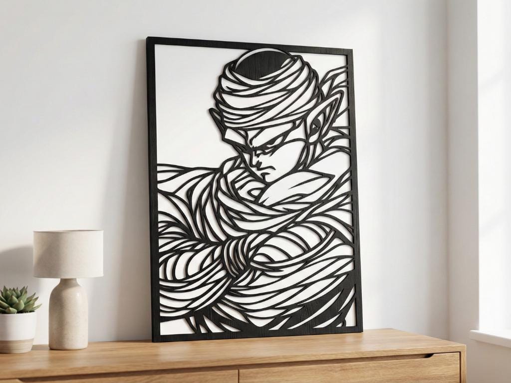 Laser Cut Anime Wall Art Decor – Piccolo | Flow-Line Art Black Frame | SVG AI DXF dwg Files