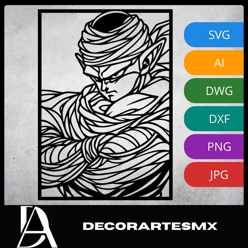 Laser Cut Anime Wall Art Decor – Piccolo | Flow-Line Art Black Frame | SVG AI DXF dwg Files