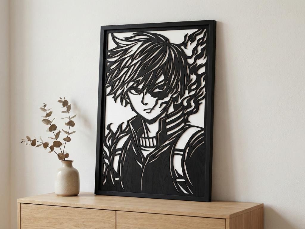 Laser Cut Anime Wall Art Decor – Shoto Todoroki | Flow-Line Art Black Frame | SVG AI DXF dwg Files