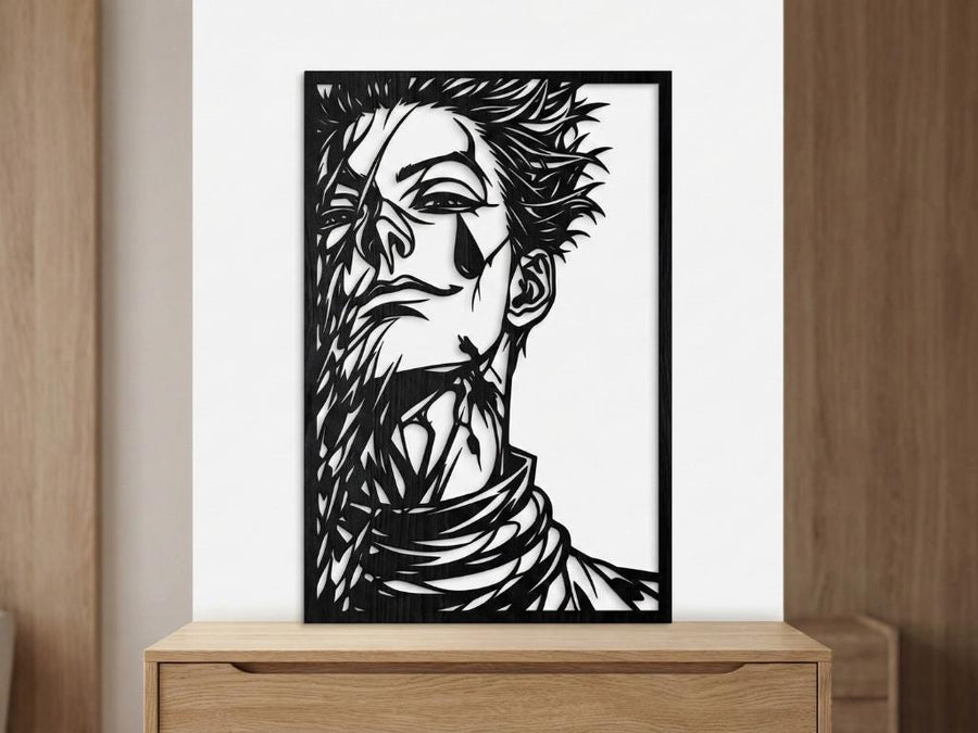 Arte Decorativo de Pared Anime para Corte Láser – Hisoka Morow | Flow-Line Art con Marco Negro | Archivos SVG AI DXF DWG PNG JPG