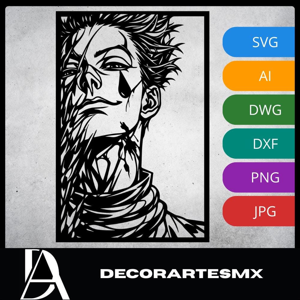 Laser Cut Anime Wall Art Decor – Hisoka Morow | Flow-Line Art Black Frame | SVG AI DXF dwg Files