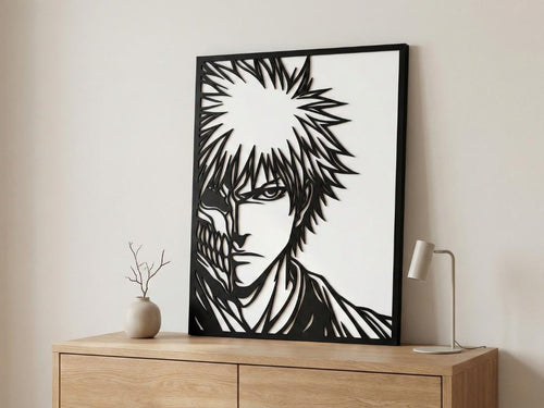 Laser Cut Anime Wall Art Decor – Ichigo Kurosaki 2 | Flow-Line Art Black Frame | SVG AI DXF dwg Files