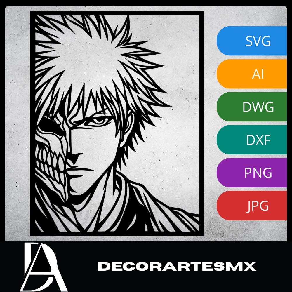 Laser Cut Anime Wall Art Decor – Ichigo Kurosaki 2 | Flow-Line Art Black Frame | SVG AI DXF dwg Files