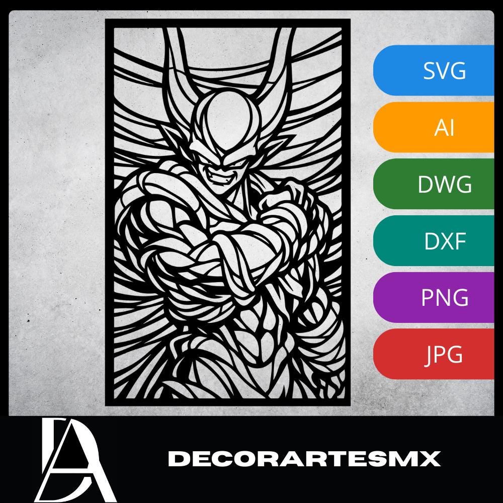Laser Cut Anime Wall Art Decor – Janemba | Flow-Line Art Black Frame | SVG AI DXF dwg Files