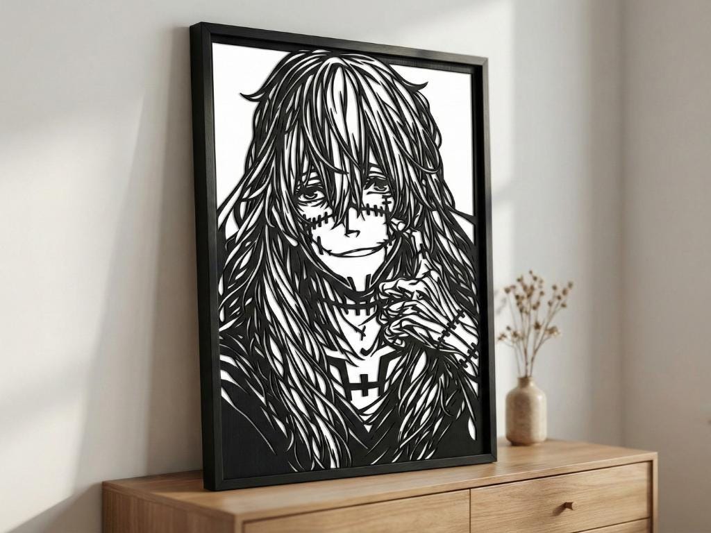 Laser Cut Anime Wall Art Decor – Mahito | Flow-Line Art Black Frame | SVG AI DXF dwg Files
