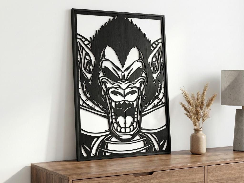 Laser Cut Anime Wall Art Decor – Ozaru | Flow-Line Art Black Frame | SVG AI DXF dwg Files