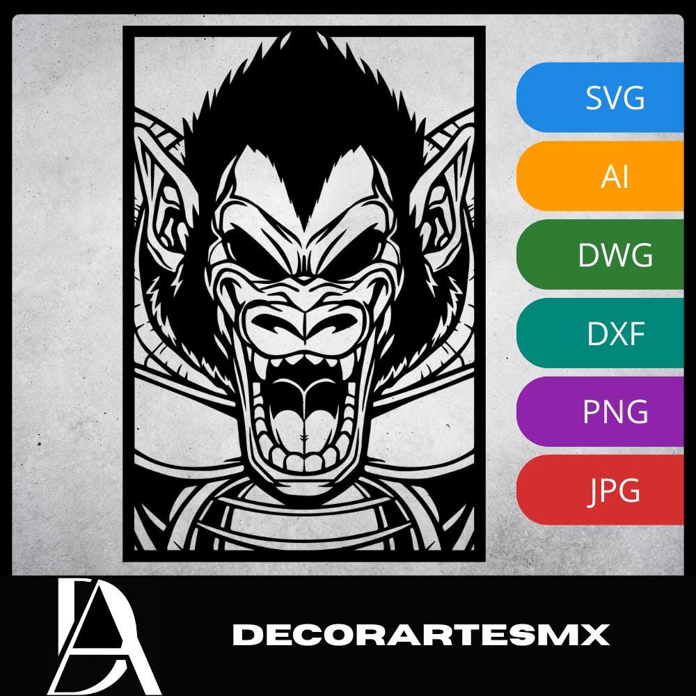 Laser Cut Anime Wall Art Decor – Ozaru | Flow-Line Art Black Frame | SVG AI DXF dwg Files