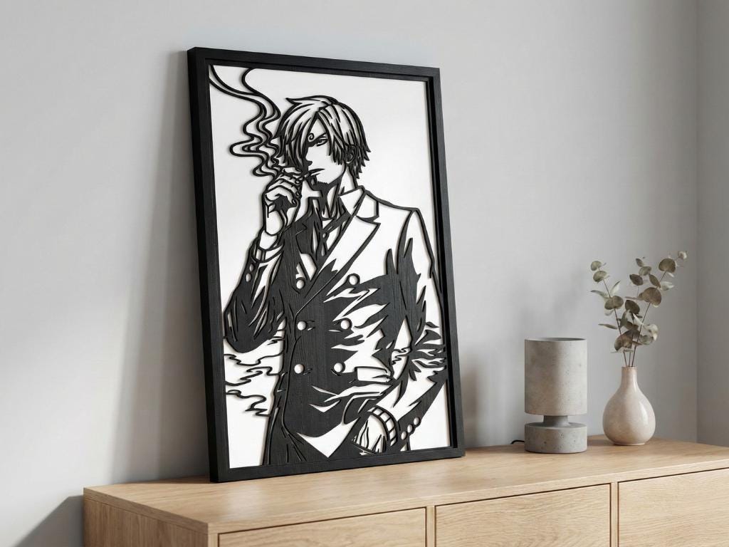 Laser Cut Anime Wall Art Decor – Sanji | Flow-Line Art Black Frame | SVG AI DXF dwg Files