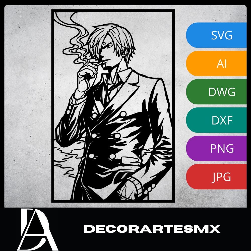 Laser Cut Anime Wall Art Decor – Sanji | Flow-Line Art Black Frame | SVG AI DXF dwg Files