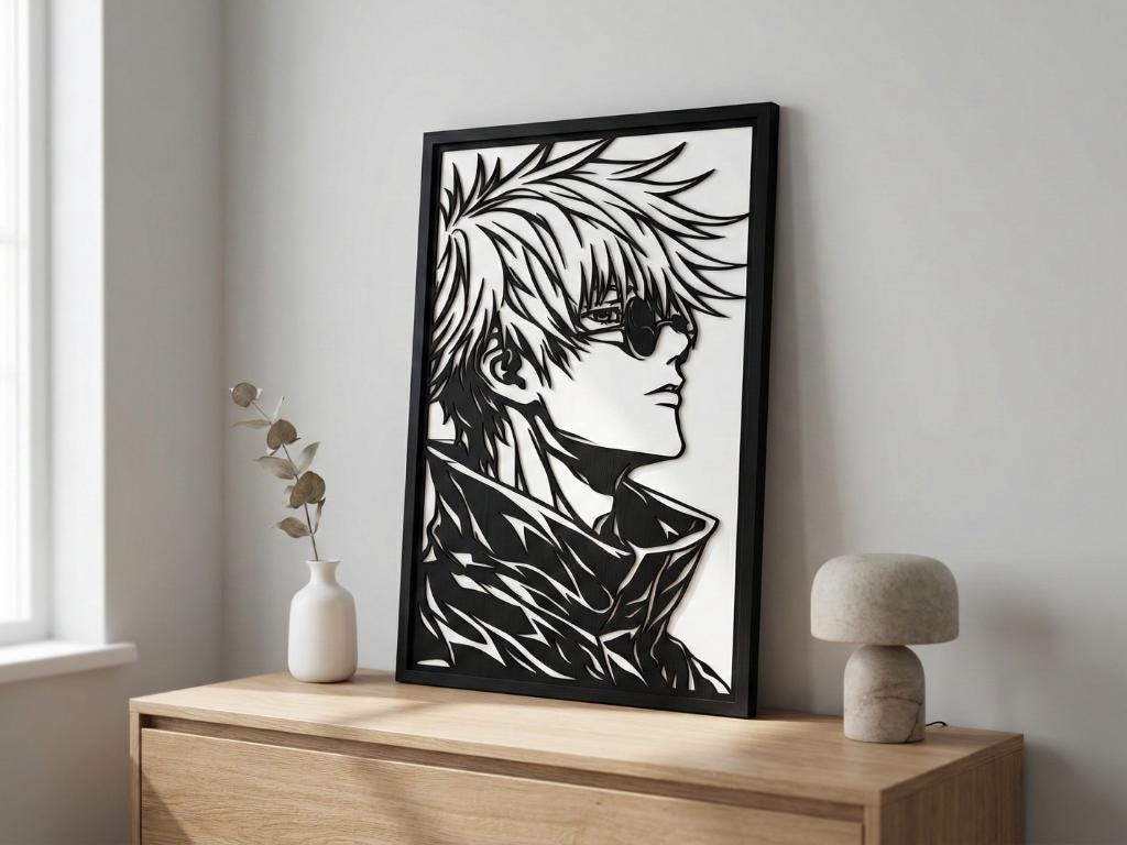 Laser Cut Anime Wall Art Decor – Satoru Gojo | Flow-Line Art Black Frame | SVG AI DXF dwg Files