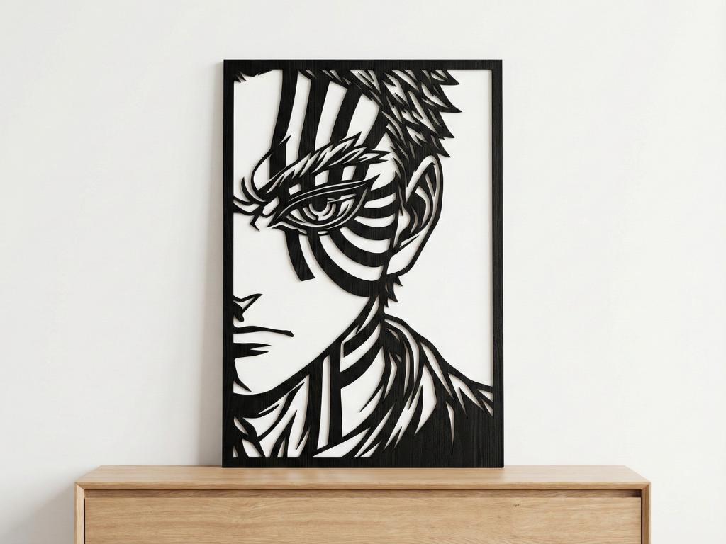 Laser Cut Anime Wall Art Decor – Akaza 2 | Flow-Line Art Black Frame | SVG AI DXF dwg Files