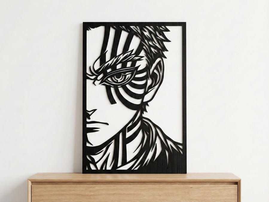 Arte Decorativo de Pared Anime para Corte Láser – Akaza 2 | Flow-Line Art con Marco Negro | Archivos SVG AI DXF DWG PNG JPG