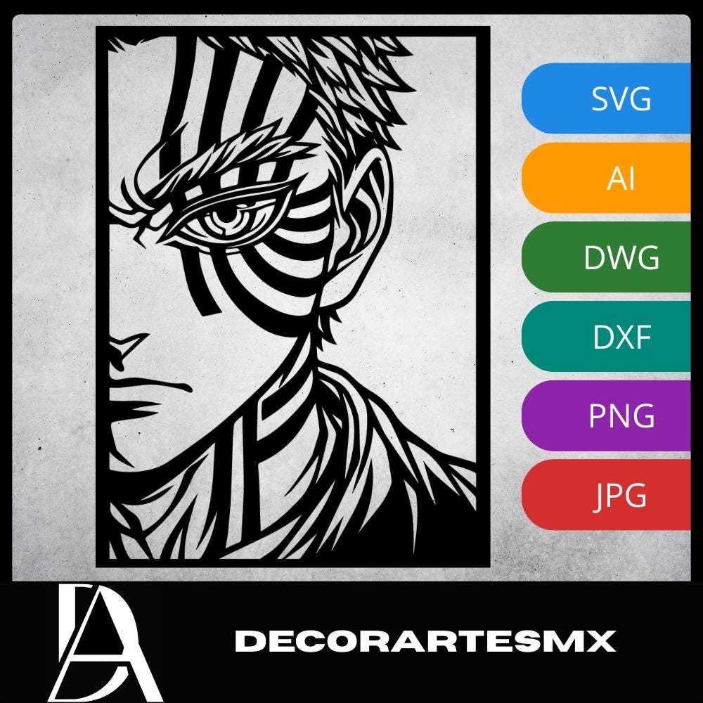 Laser Cut Anime Wall Art Decor – Akaza 2 | Flow-Line Art Black Frame | SVG AI DXF dwg Files