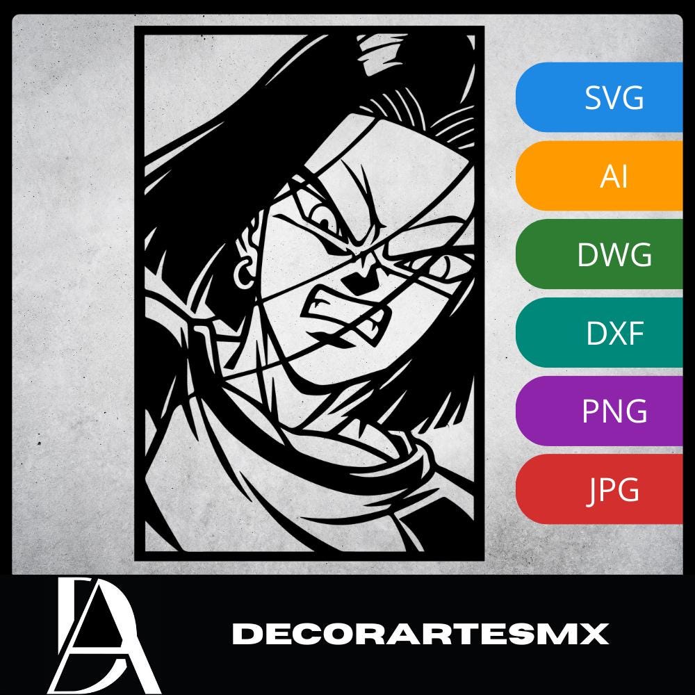 Laser Cut Anime Wall Art Decor – Android 17 | Flow-Line Art Black Frame | SVG AI DXF dwg Files