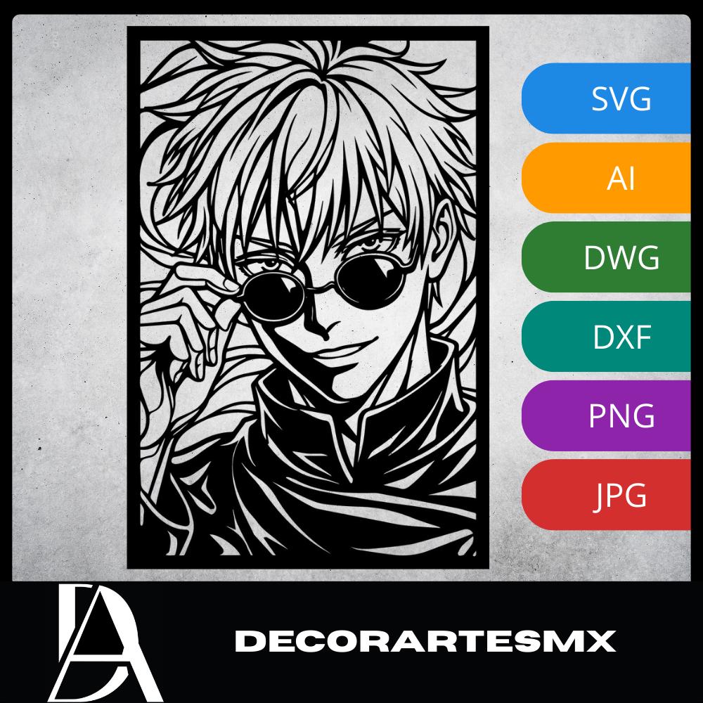 Laser Cut Anime Wall Art Decor – Gojo | Flow-Line Art Black Frame | SVG AI DXF dwg Files